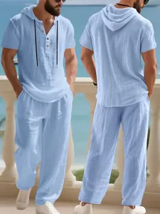 Men casual linen hooded short sleeve shirt and long pants two piece set for summer beach
