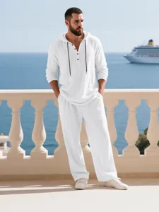 Men's white casual linen-feel long sleeve hooded top and matching trousers lounge set.