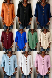 Women casual v-neck ruffle sleeve blouse with large buttons solid color loose top