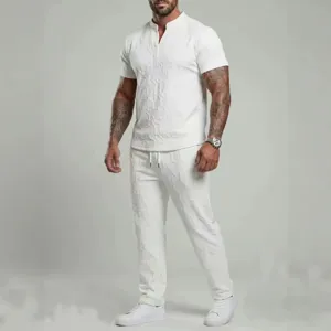Men summer casual white two piece tracksuit set short sleeve V-neck top and pants