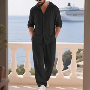 Men's linen hooded long sleeve button down shirt and casual pants matching two piece set.
