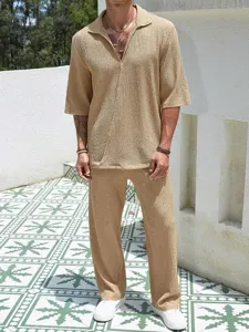 Men's casual two-piece outfit summer short sleeve shirt and trousers textured beige suit.