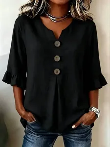 Plus size loose casual black blouse with V-neck, large buttons and stylish ruffle sleeves.