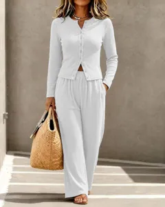 Women solid ribbed knit button up long sleeve cardigan and wide leg pants lounge set 2pc
