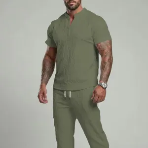 Men summer casual two piece set v neck short sleeve t shirt and pants sportswear outfits.