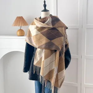 Retro Ethnic Style Women Faux Cashmere Scarf Winter Warm Large Shawl Wrap Soft Polyester Scarf With Tassels Geometric Letter Print Shawl
