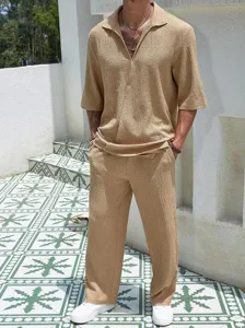 Detail shot of men casual textured two piece set featuring short sleeve shirt and long pants.