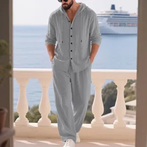 Men's casual linen hooded long sleeve button shirt and pants set for daily wear.