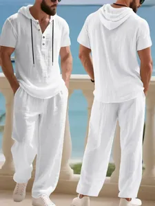 Mens casual linen two piece set solid color hooded short sleeve shirt and loose trousers detail view
