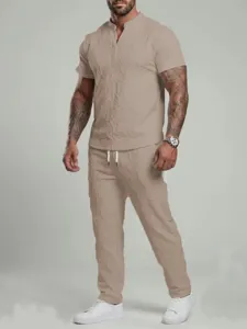 Men Summer Casual 2-Piece V-Neck Short Sleeve Tracksuit Set Solid Color Activewear