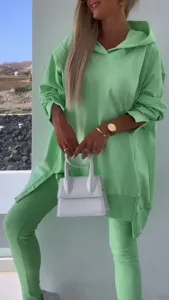 Green casual split hoodie and ribbed leggings two-piece set for women daily wear detail