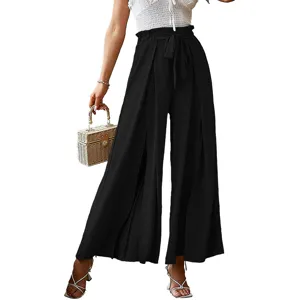 High waist wide leg trousers for women, elegant black bow tie pants with pleated design.