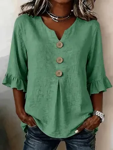 Women green V neck casual blouse with big wooden buttons and ruffle sleeves plus size.