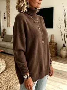 Femme Automne Hiver Couleur Unie Col Roulé Oversized Pull en Tricot Casual Manches Longues