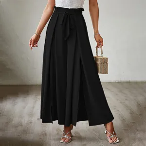 Women Black High Waist Bowknot Wide Leg Split Pants Elegant Casual Trousers For Summer