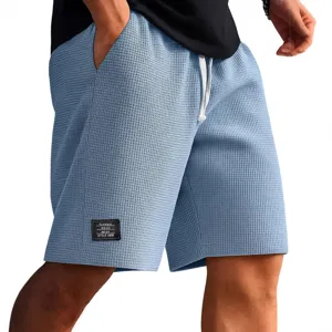 Light blue waffle knit casual shorts for men with drawstring waist beachwear sports pants