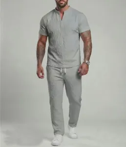 Men summer casual sportswear two piece set short sleeve V-neck top and matching trousers