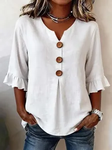 Plus size casual white V-neck blouse with large wooden buttons and chic ruffle sleeves.