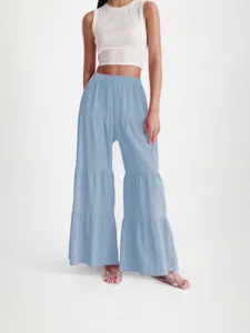 Women's casual solid color elastic high waist pleated wide leg long trousers stylish outfit