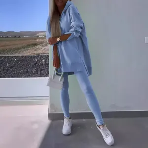 Casual light blue hoodie and leggings two-piece set, stylish women sportswear outfit main image.