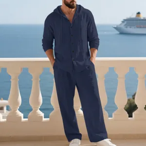 Men's casual linen hooded shirt and pants set detail view, comfortable beach wear outfit.