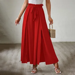 Red high waist wide leg split pants detail view with bowknot belt and stylish fashion design.