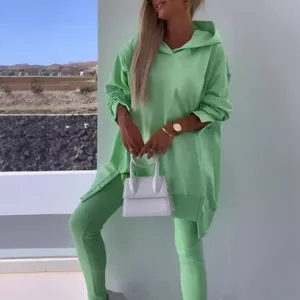 Women green hooded sweatshirt and ribbed leggings two piece set casual sportswear