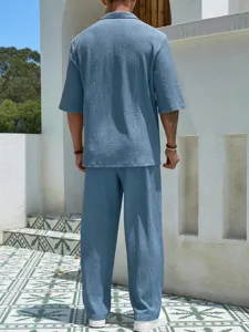 Men casual two piece set solid color short sleeve shirt and long pants summer outfit
