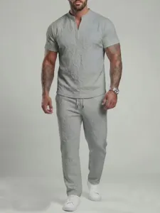 Men's Summer Casual Sportswear Two Piece Set V Neck Short Sleeve Top And Long Pants Loose Solid Color Tracksuit