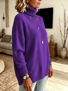Pull en tricot à manches longues col roulé ample violet uni décontracté pour femme mode