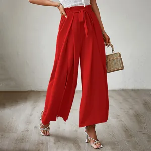 Chic red high waist wide leg pants for women, featuring elegant bow tie and pleated details.