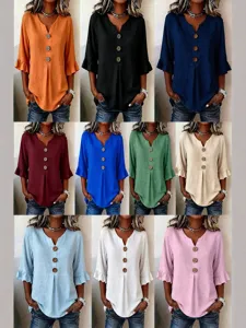 Women's Plus Size Casual V-Neck Blouse Solid Color Single-Breasted Flare Sleeve Loose Fit Shirt Top