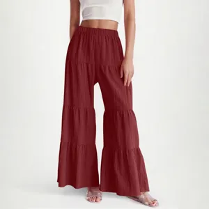 Women casual pleated wide leg pants solid color elastic waist comfortable trousers 2025