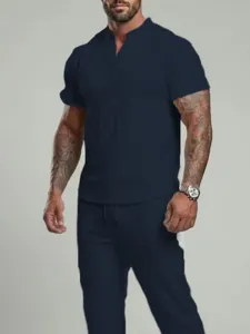 Men summer casual solid color V-neck short sleeve top and pants two piece sportswear set.