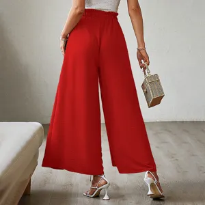Red high waist pleated wide leg pants for women, elegant casual trousers for summer 2025.