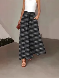 Womens high waist polka dot wide leg pants summer casual lace up culottes trousers