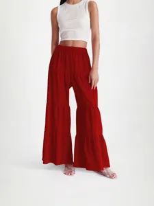 Women red tiered wide leg pants high waist elastic casual trousers comfortable fit