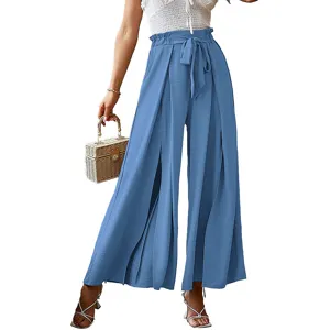 Blue high-waisted pleated wide-leg pants detail, elegant bow belt design for women.