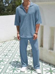 Men casual two piece set solid color short sleeve shirt and long pants for summer daily wear