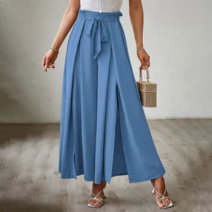 Detail shot of high waist bow wide leg pants featuring elegant split front design and pleats.