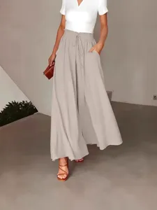 Women high waist wide leg casual trousers with drawstring elastic waistband for spring summer.