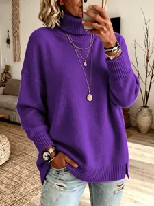 Pull col roulé ample pour femme, pull en tricot violet uni avec fentes latérales élégantes.