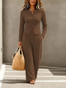 Women's solid color knit button long pants casual set, perfect for autumn and winter fashion style.