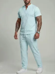 Men's summer casual two-piece tracksuit V-neck short sleeve polo shirt and pants set.