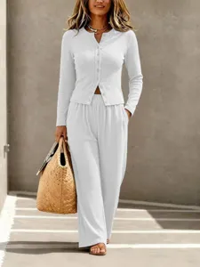 Women solid color ribbed knit button cardigan long pants casual loungewear two piece set main view