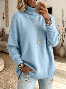 Femme pull en tricot ample col roulé unicolore fendu manches longues bleu mode