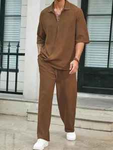 Mens casual two piece set short sleeve textured shirt and matching trousers for daily wear