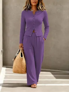 Women fall solid knit button long sleeve cardigan and wide leg pants casual lounge set main