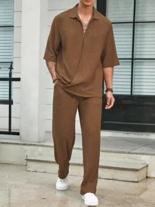 Men casual textured short sleeve shirt and long pants two piece set solid color summer outfit