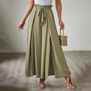 Women High Waist Bow Tie Pleated Wide Leg Pants Casual Elegant Summer Trousers